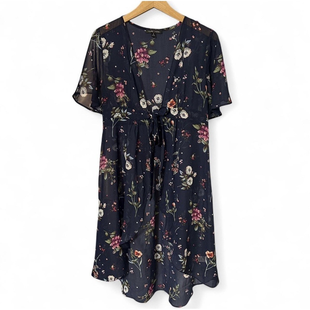 Moa Moa Women's Small Navy Blue Floral Sheer Sleeve Cover Up Dress Tie Front